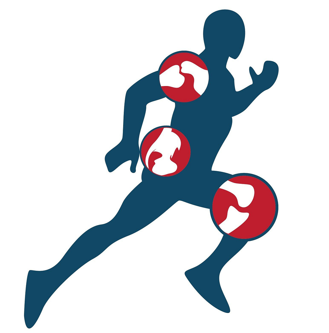 Illustration of a running figure showing joint areas; concepts: chiropractic care, sports medicine, injury rehab, sports therapy.