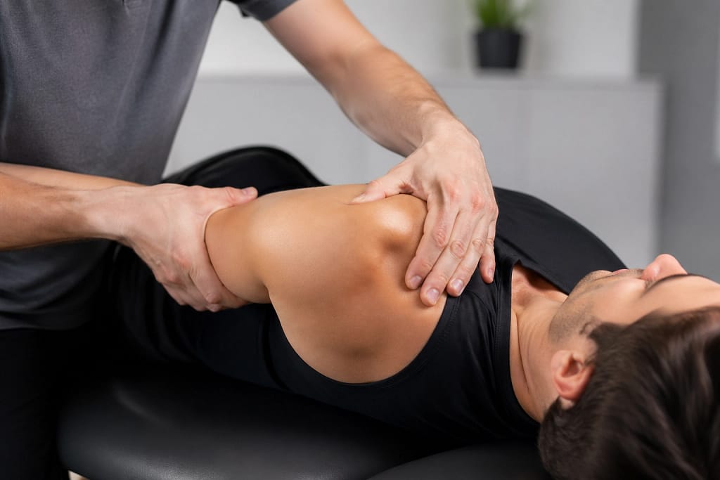 Sports chiropractor performing precise joint mobilization on an athlete's shoulder for recovery.