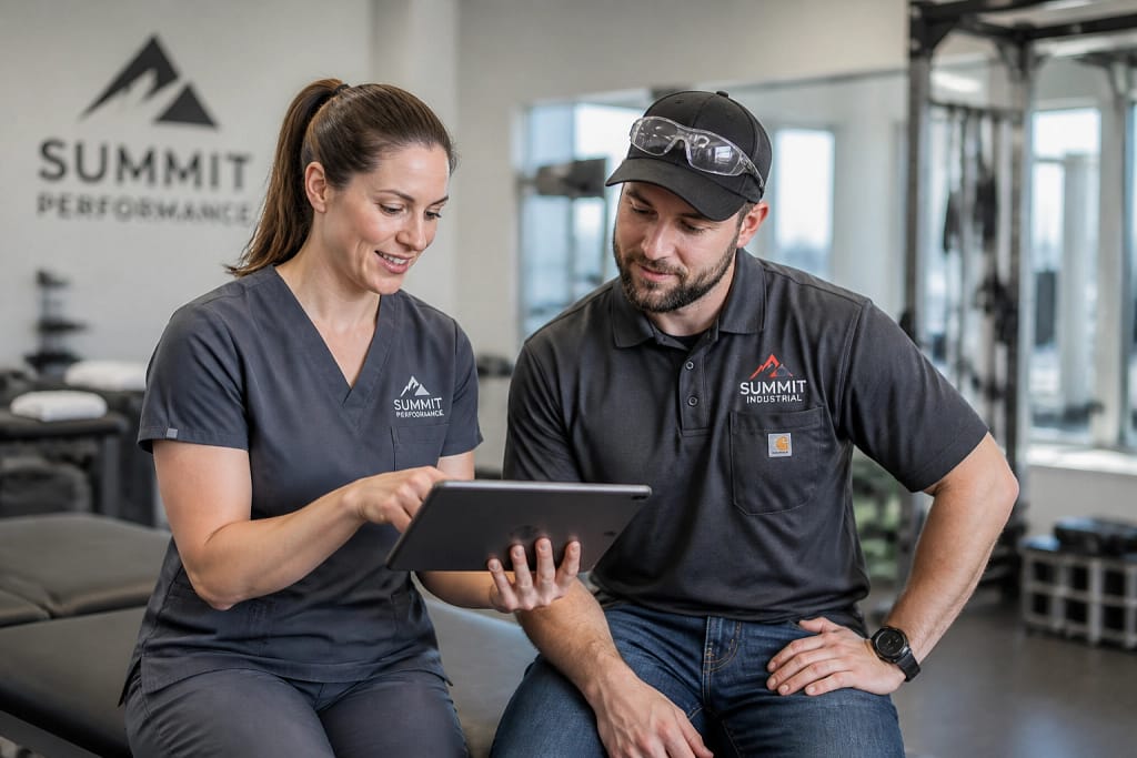 Industrial worker and clinician reviewing health data for post-employment exams and workplace wellness.