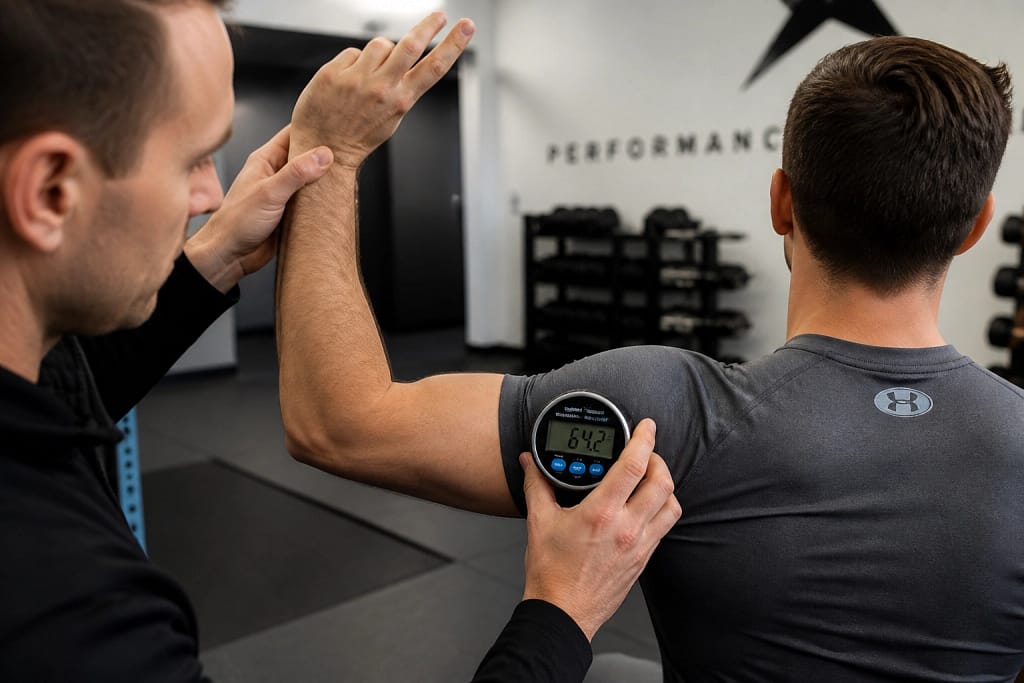 Clinician assessing shoulder range of motion during a post-employment physical capacity screening for an employee.