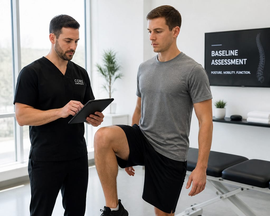 Chiropractor performing a pre-employment physical and mobility screening for workplace injury prevention.