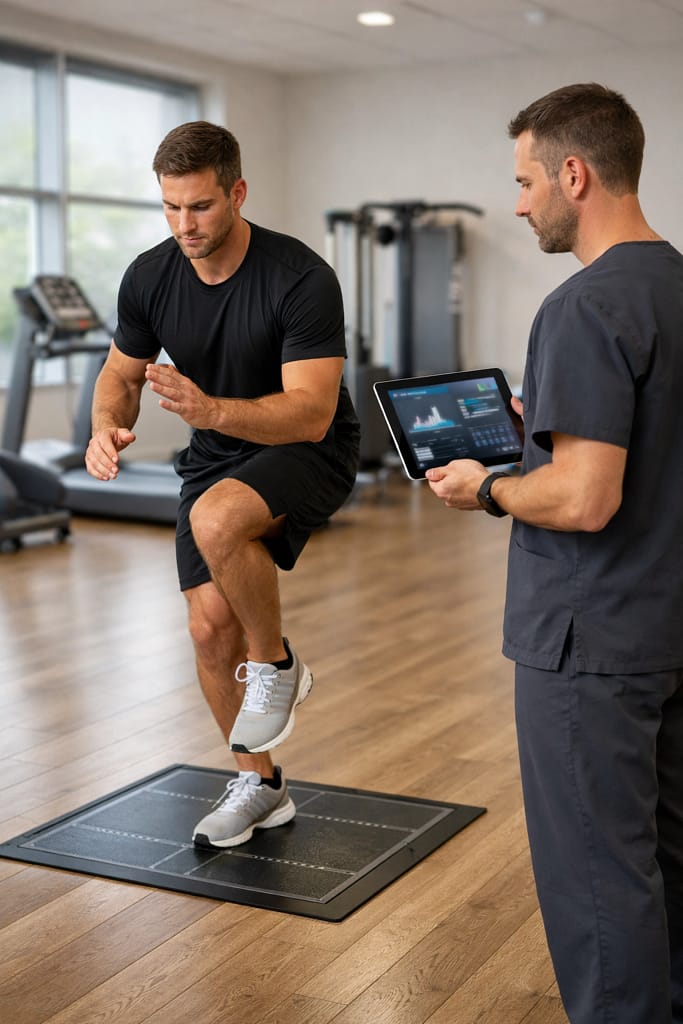 Athlete performing a balance stability test during sports injury rehabilitation to ensure safe return to play.