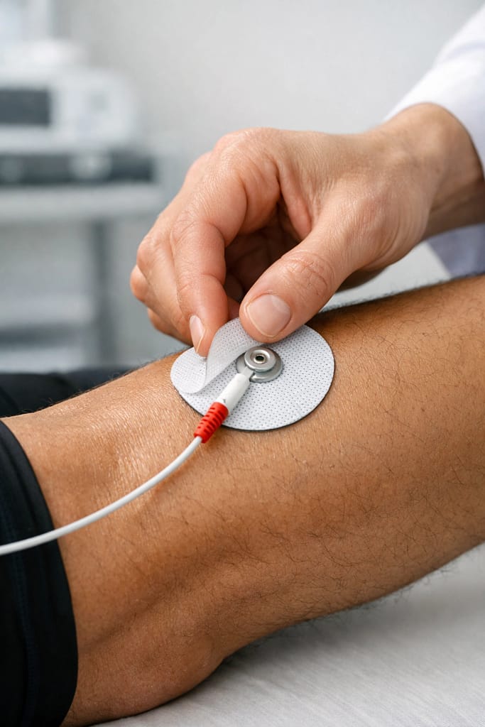 Placing a medical electrode pad on an athlete's leg for ARP Wave neuromuscular therapy.