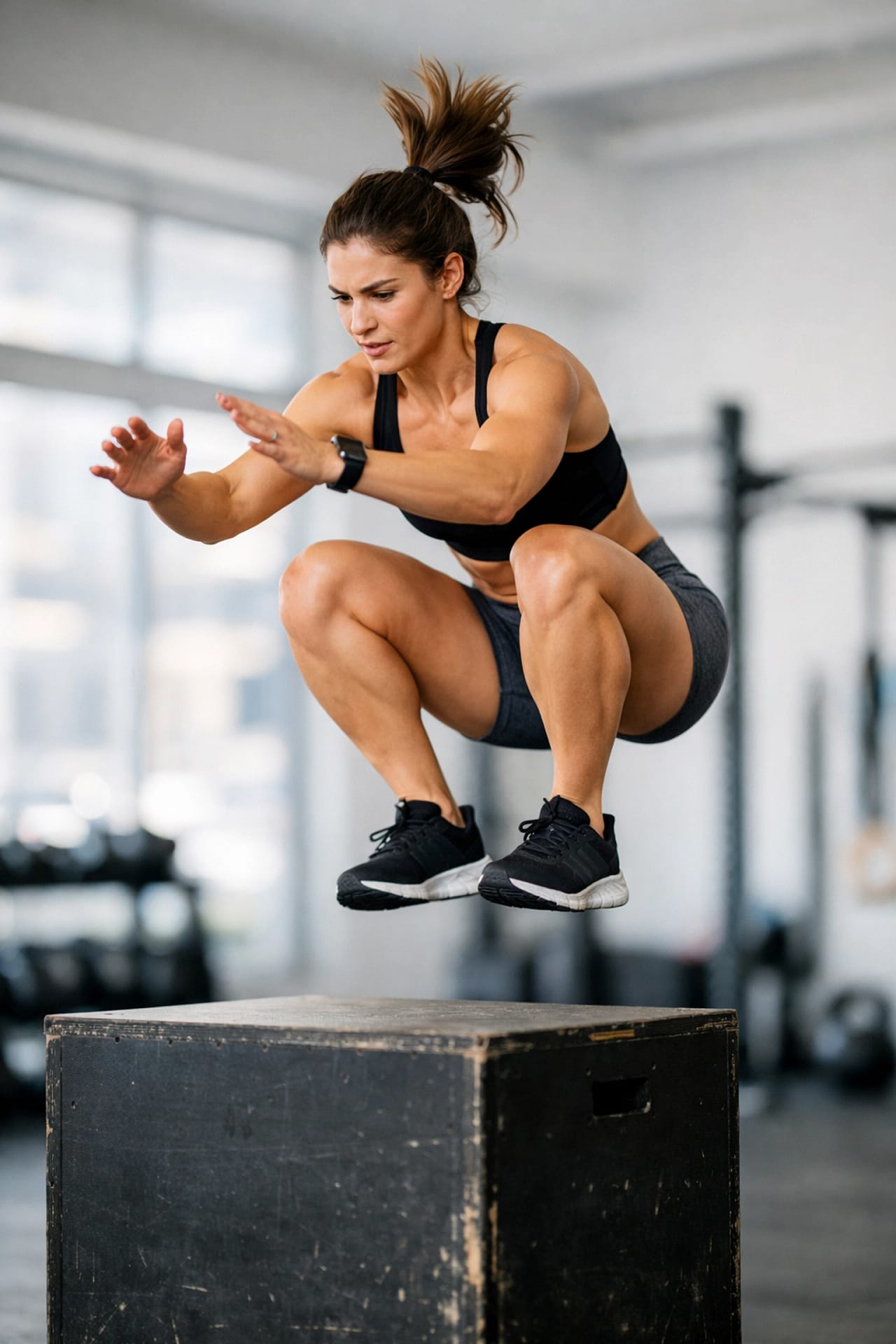 Female athlete performing a box jump to demonstrate peak sports performance and optimized training.
