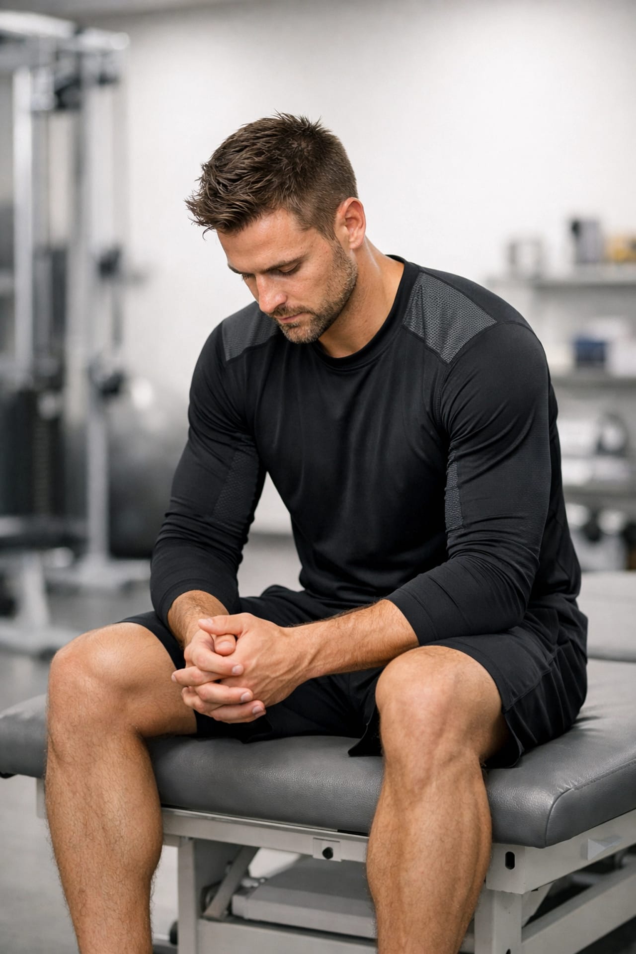 Athlete in a sports recovery clinic reflecting on readiness and training recovery baselines.