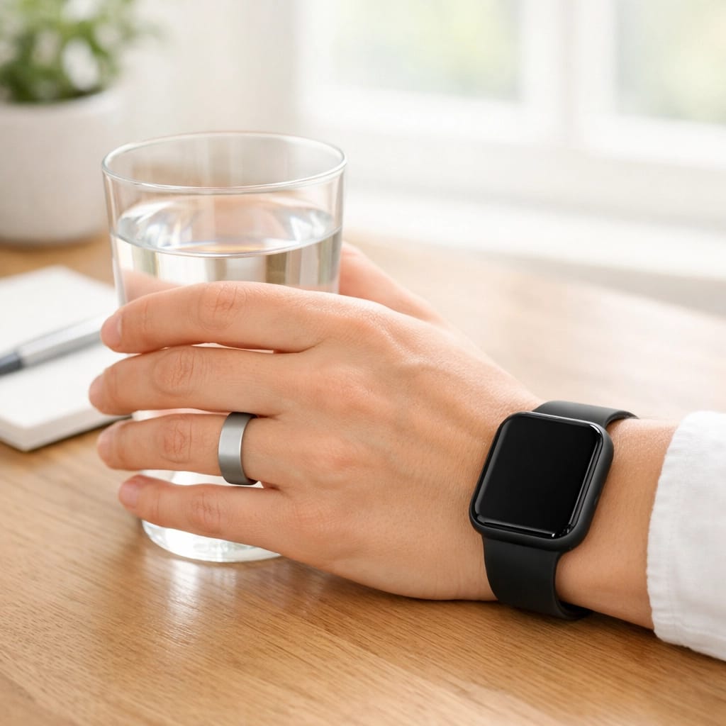 Person using a smartwatch and fitness ring to track daily heart rate variability and recovery metrics.