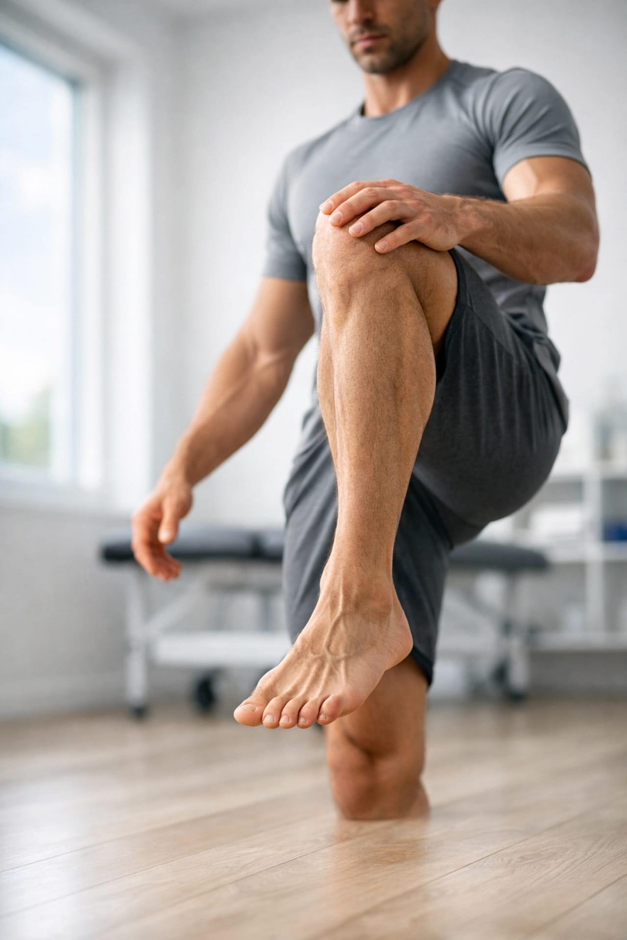 Athlete performing balancing exercises during sports injury therapy and rehab for chronic pain management.