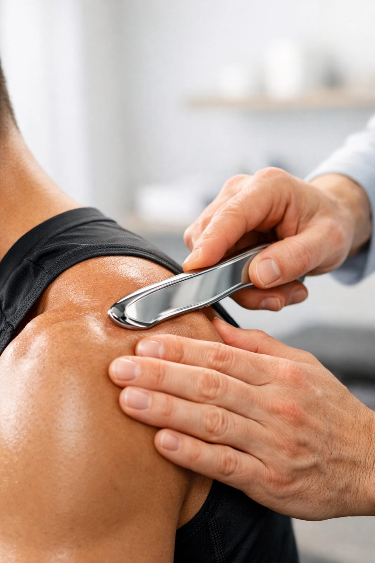 Sports chiropractor performing instrument-assisted soft tissue therapy on an athlete's shoulder for recovery.