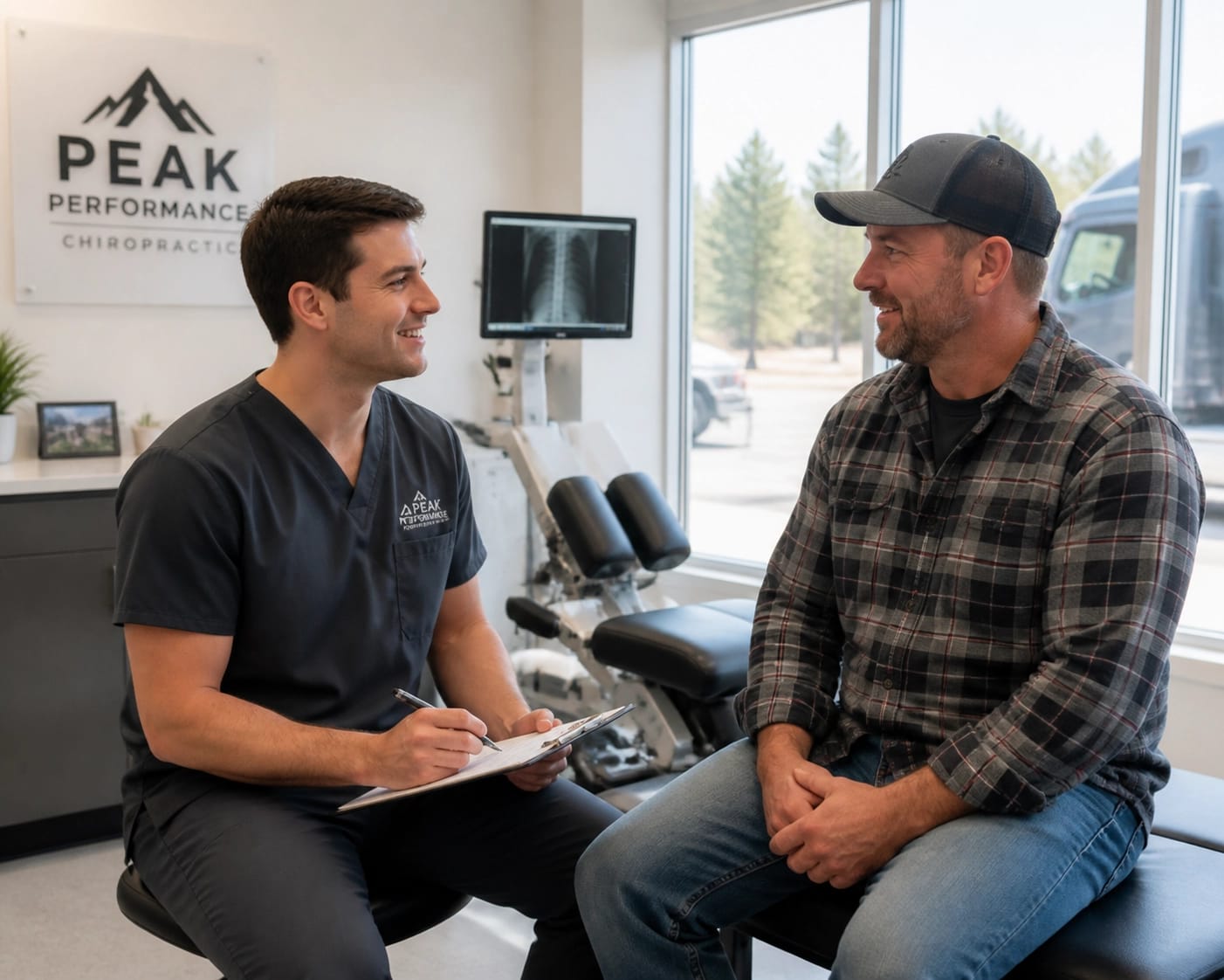 CDL driver discussing medical requirements with an FMCSA examiner during a DOT physical exam.