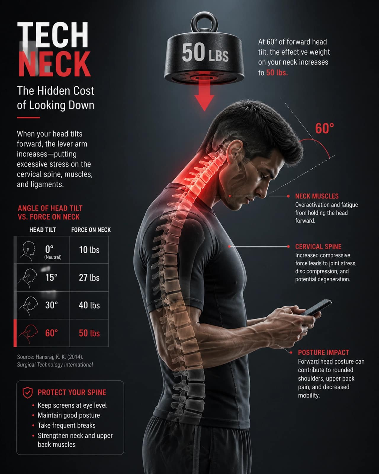 Side-profile illustration of Tech Neck showing the 50lb force weight graphic on the spine