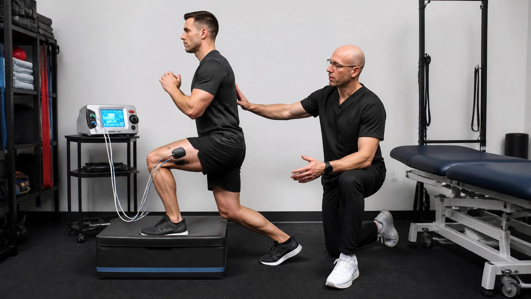 Athlete completing clinician-guided therapeutic exercise and recovery