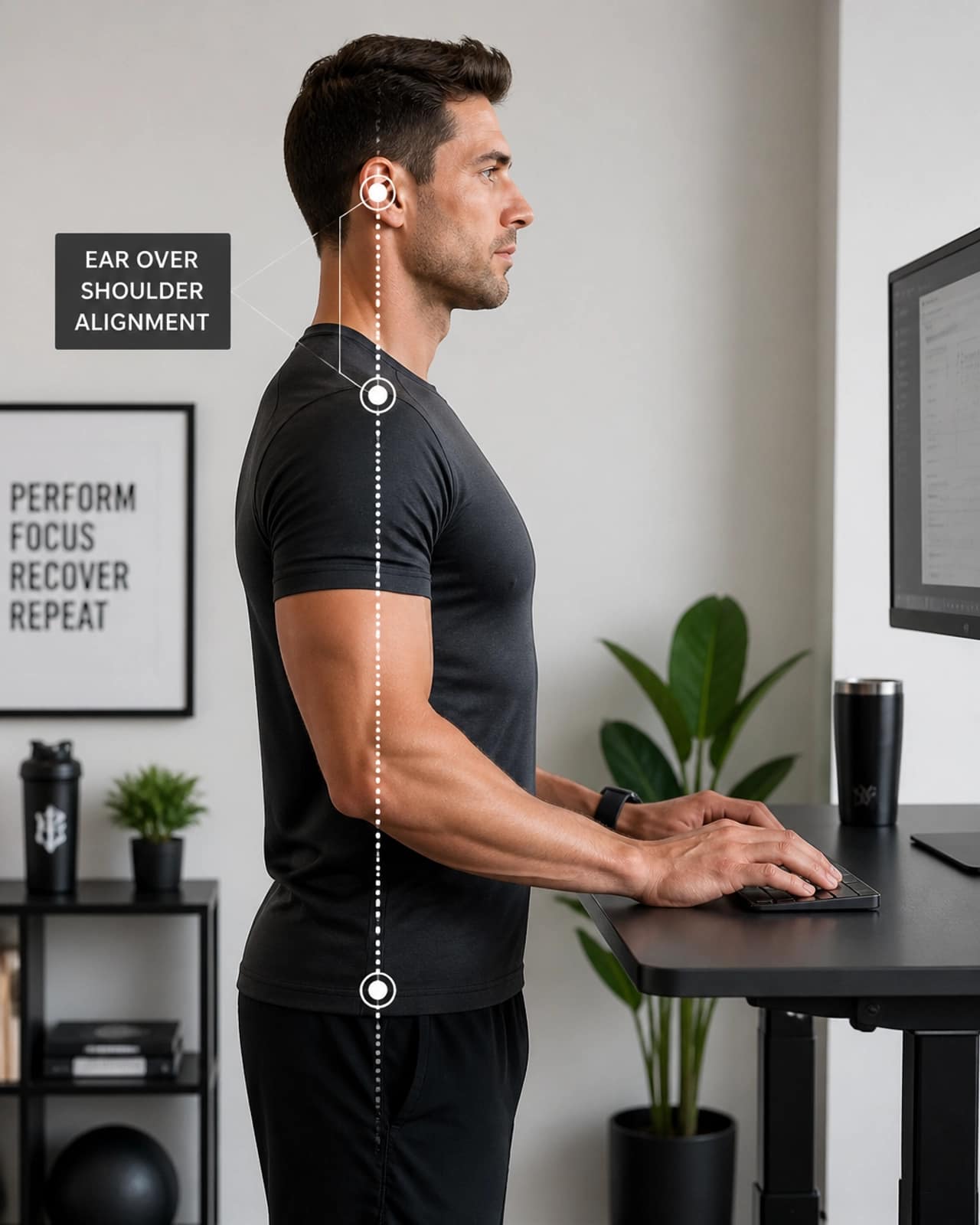 Close-up of a person maintaining perfect posture at a standing desk with ear-over-shoulder alignment