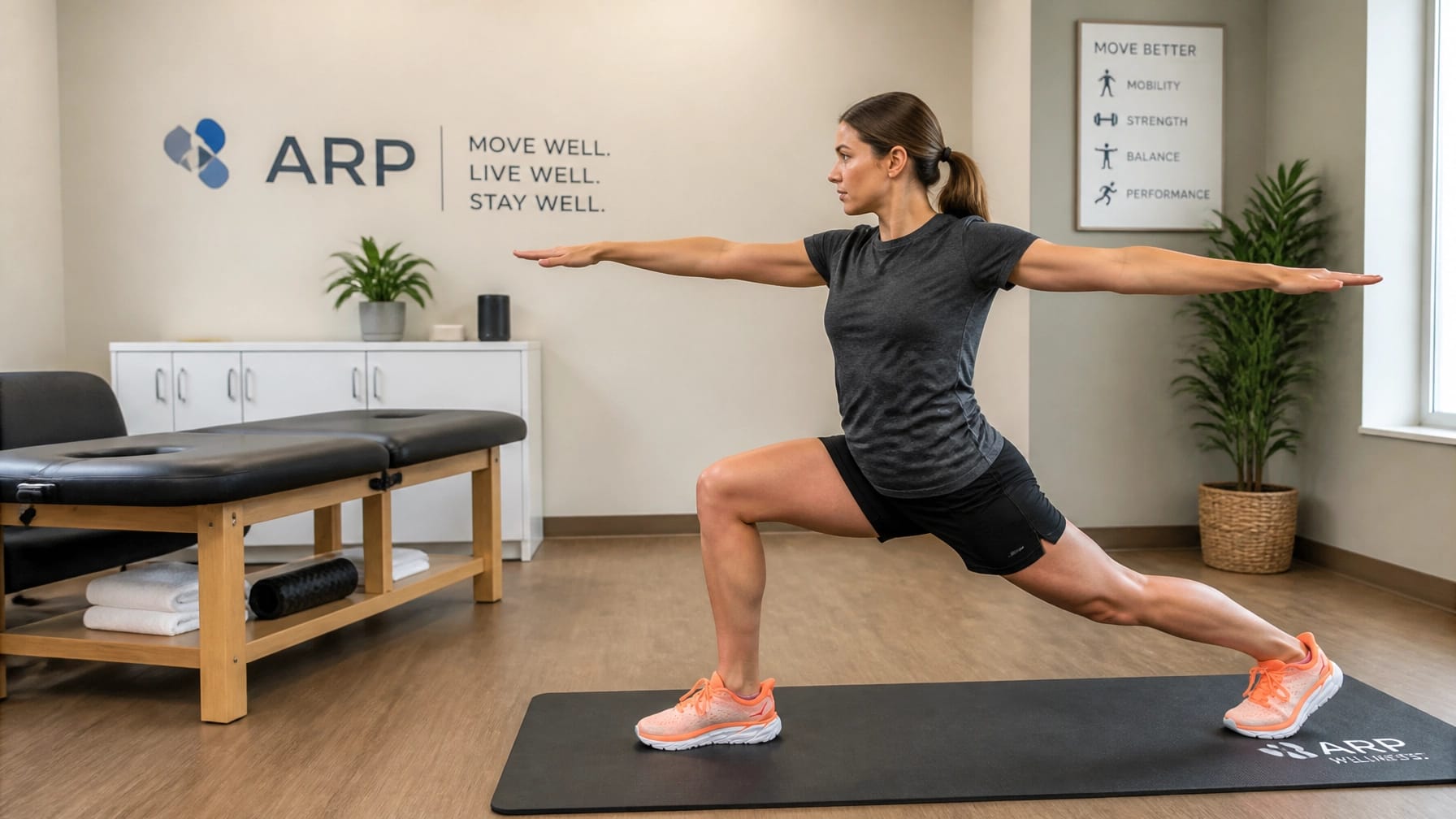 A person performing a proactive wellness activity in a clinic setting, highlighting movement quality, prevention, and overall functional health.