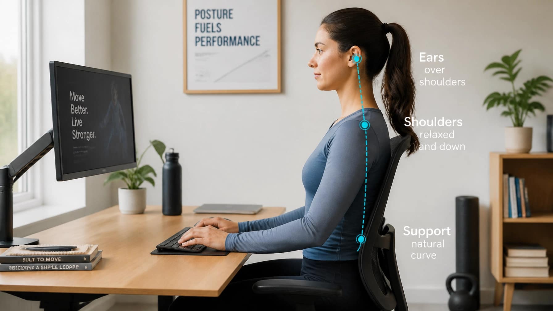 Person performing a posture correction stretch focused on chin tuck alignment and upper-body ergonomics