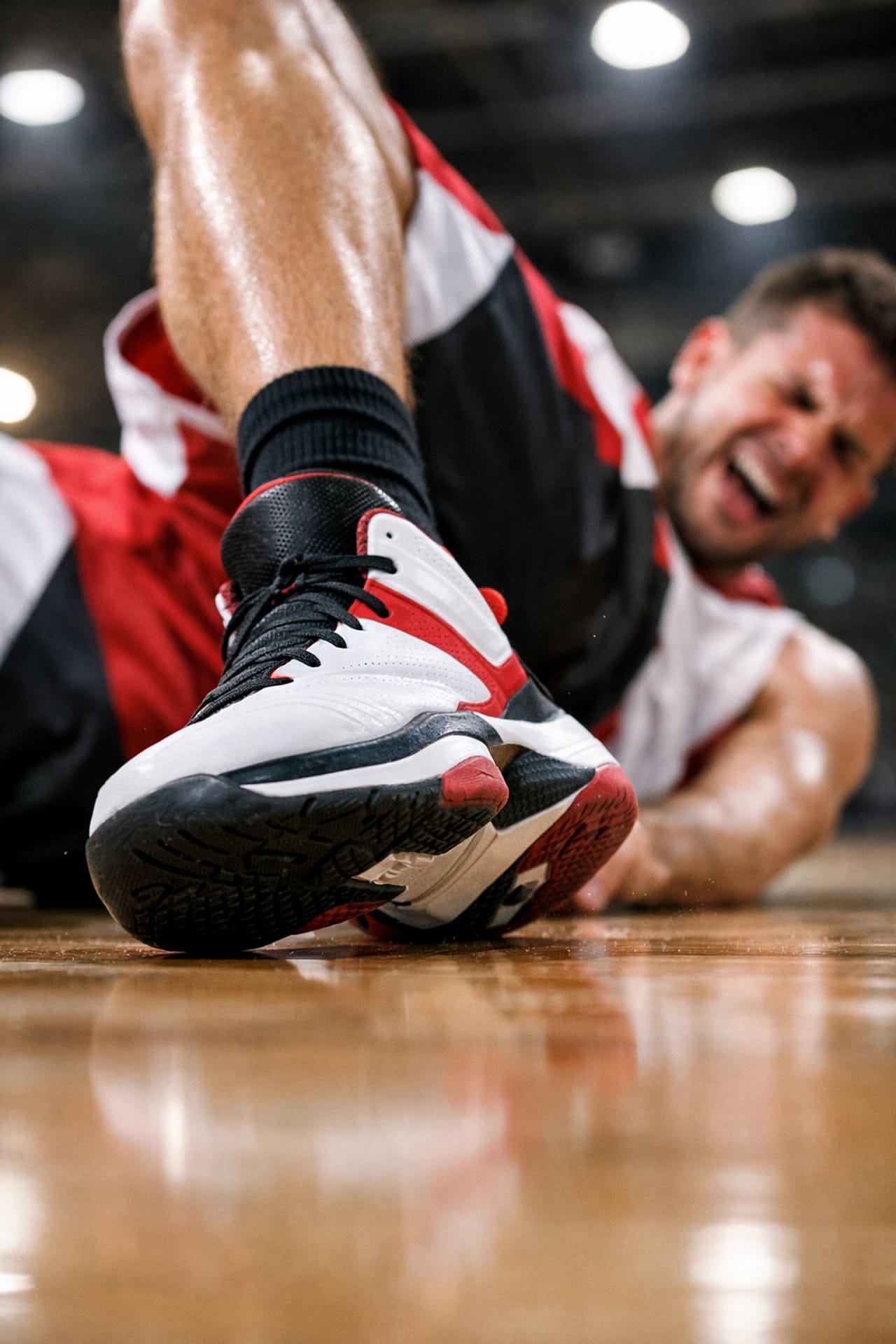 Basketball player experiencing acute ankle injury during game