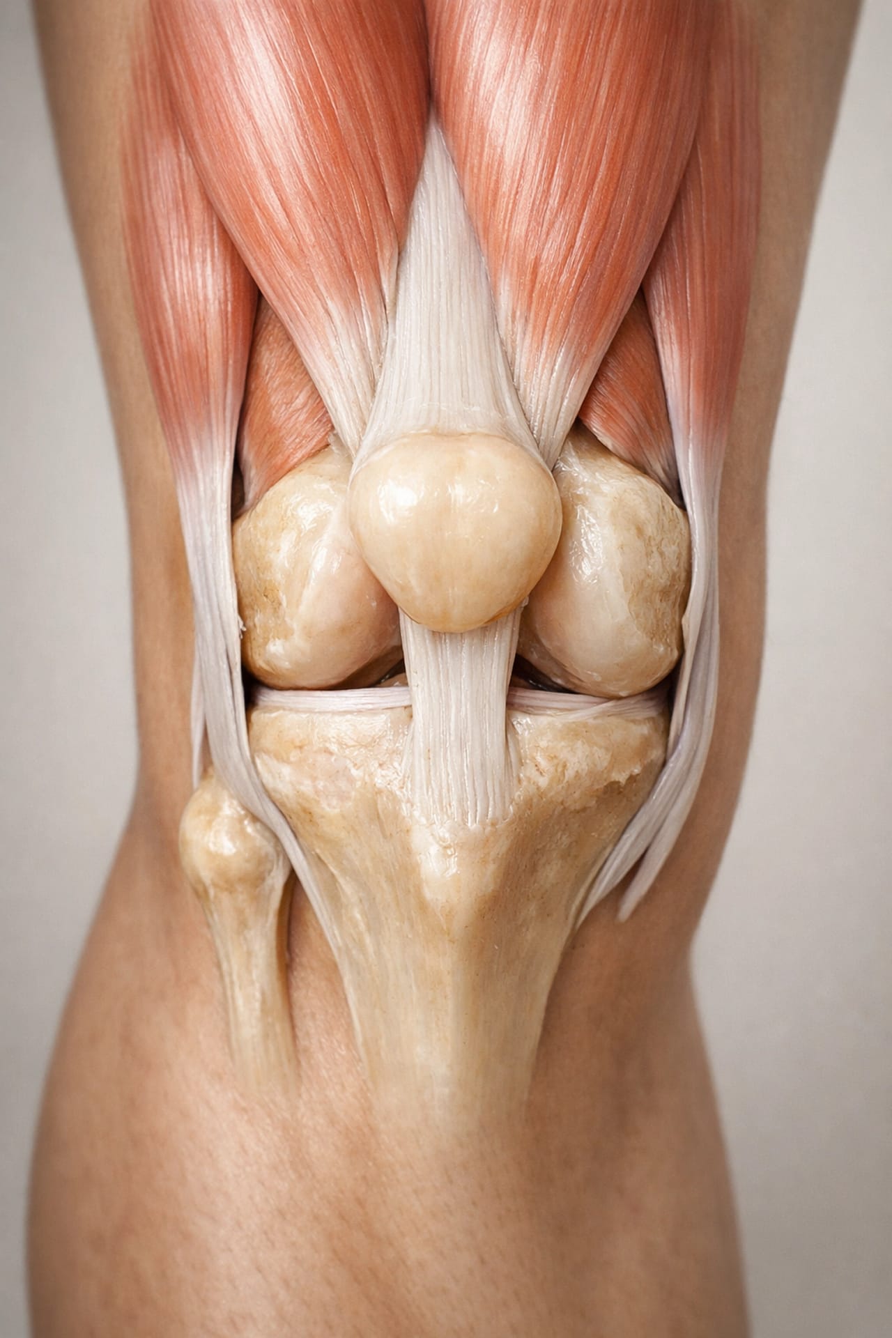 Close-up of knee joint showing muscles and tendons affected by sports injuries