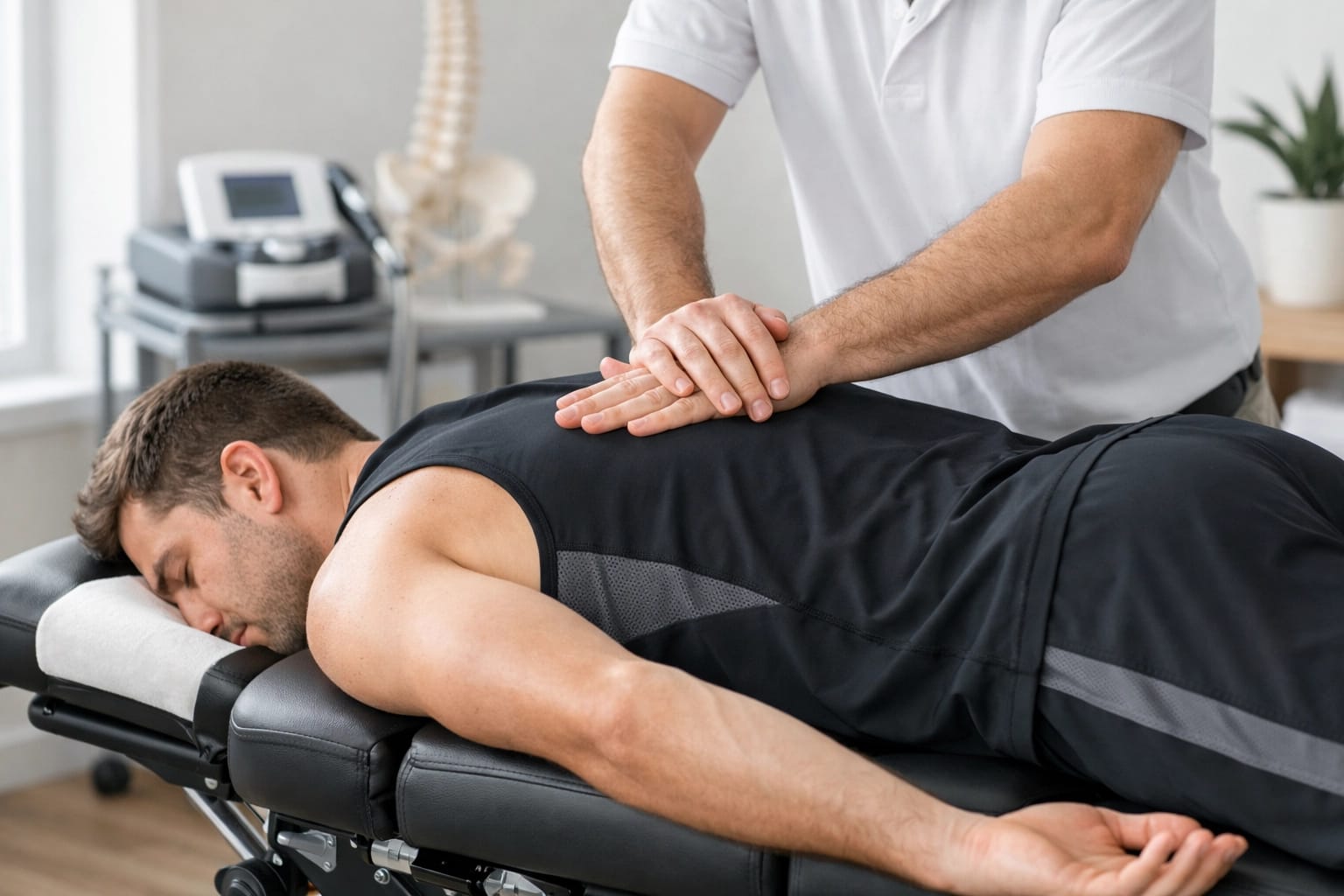 Chiropractor performing spinal adjustment for sports injury rehabilitation