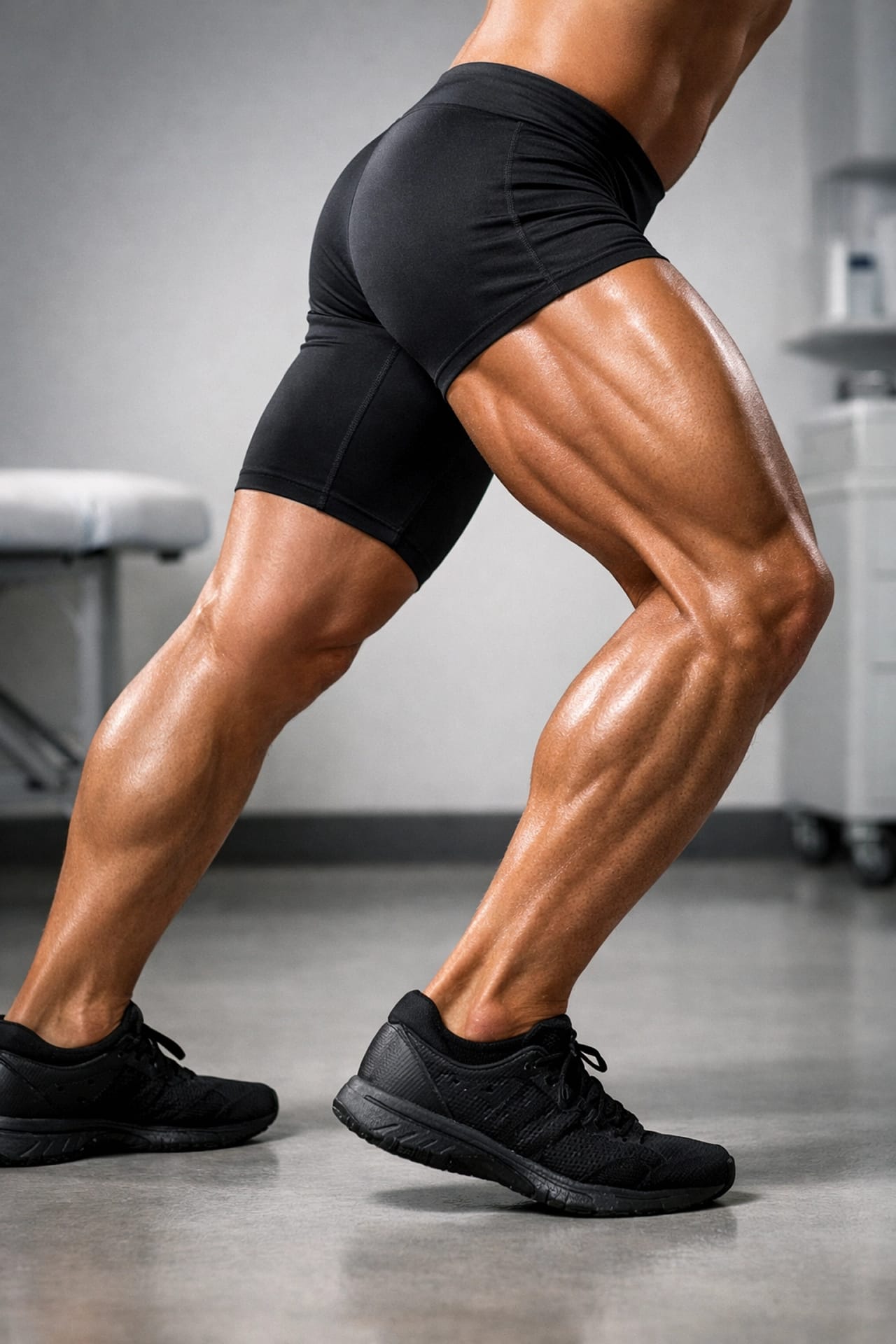 Athlete's leg showing muscle definition and activation during sports rehabilitation