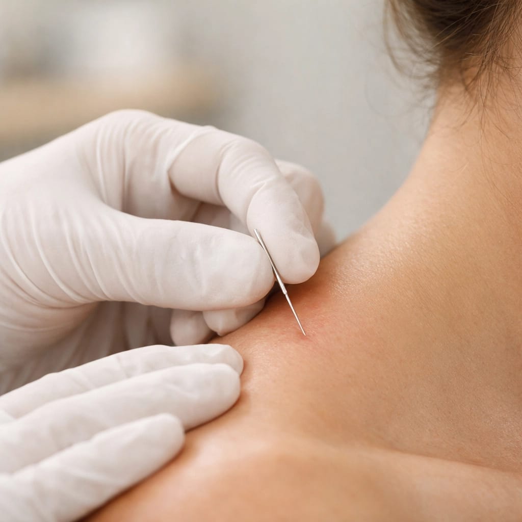 Practitioner performing dry needling on trapezius muscle trigger point for pain relief