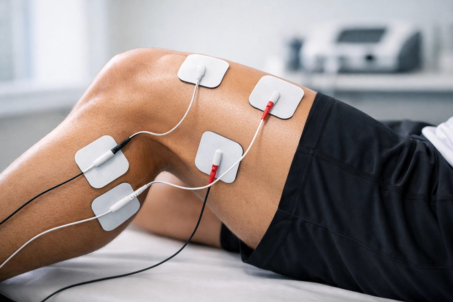 Electrical stimulation therapy pads on athlete's knee during sports injury treatment