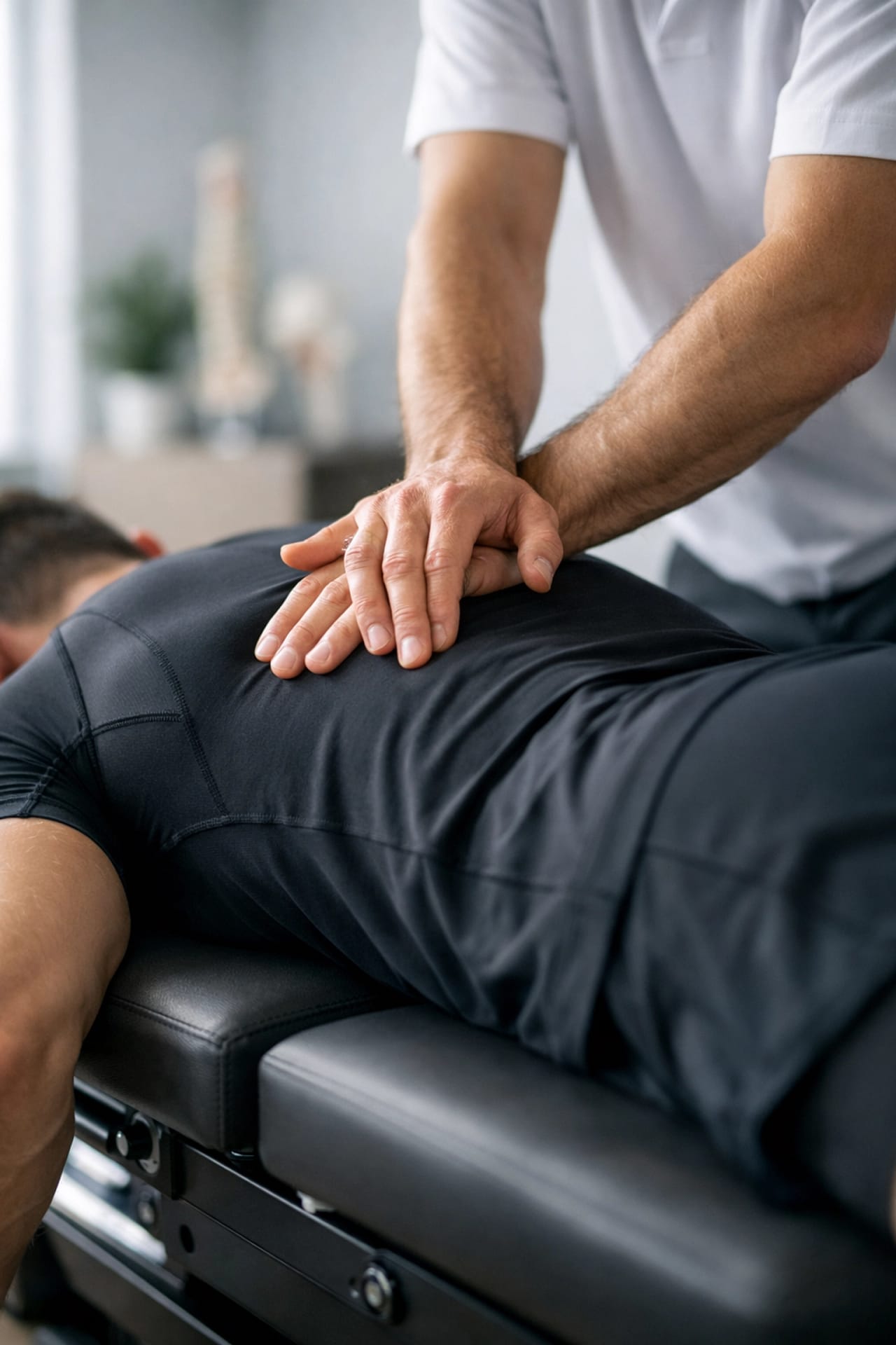 Professional chiropractor performing a spinal adjustment on an athlete to improve range of motion and recovery.