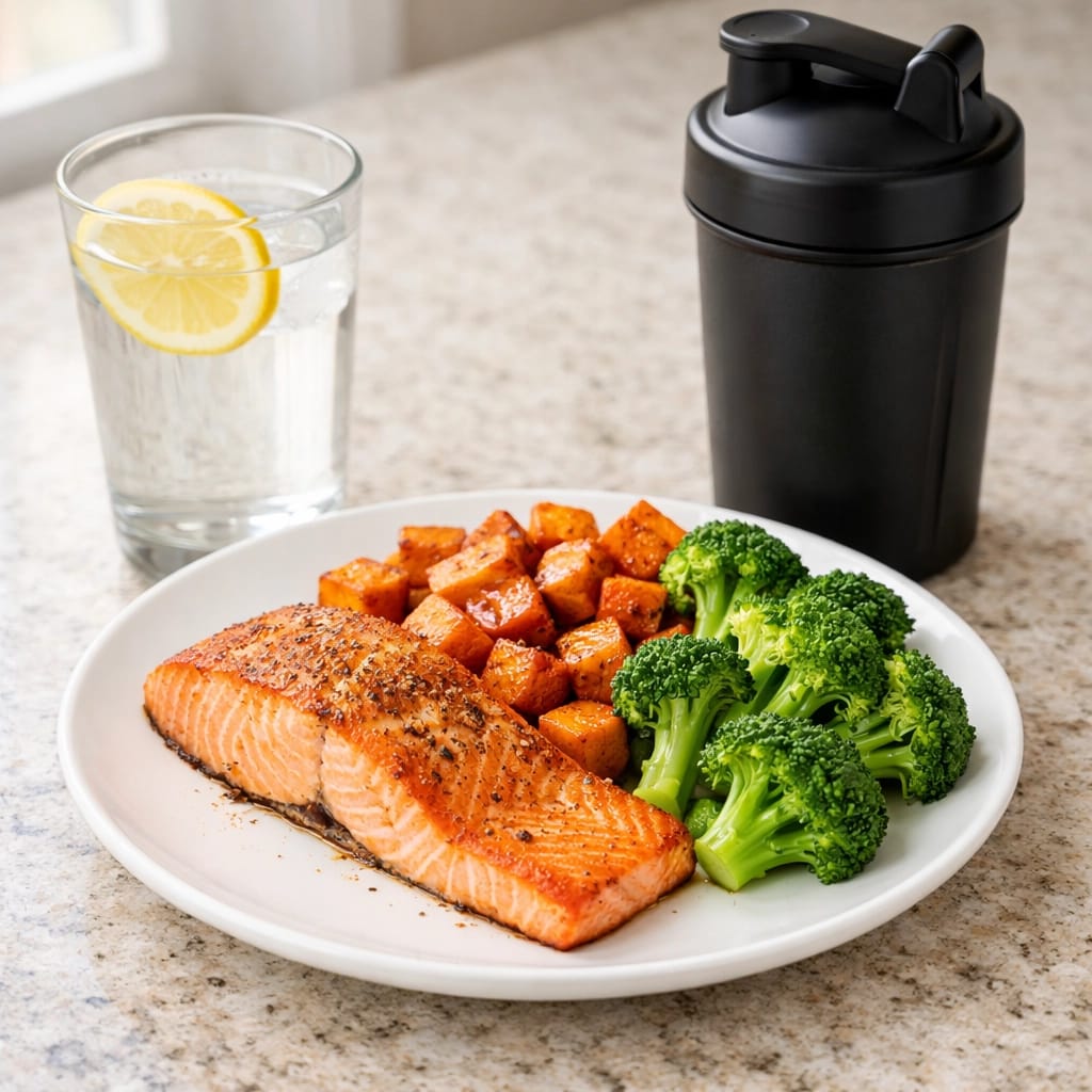 Post-workout recovery meal with salmon, sweet potatoes, broccoli and protein shake for muscle repair