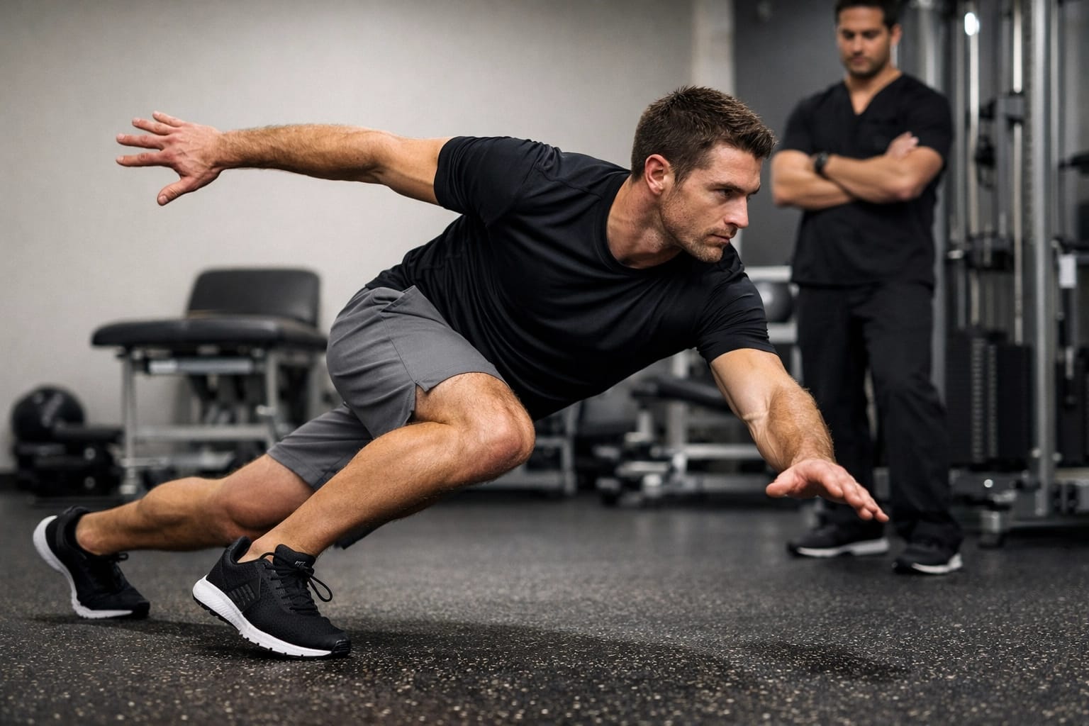 Athlete performing a lateral movement test to evaluate return to sport readiness in a sports therapy clinic.
