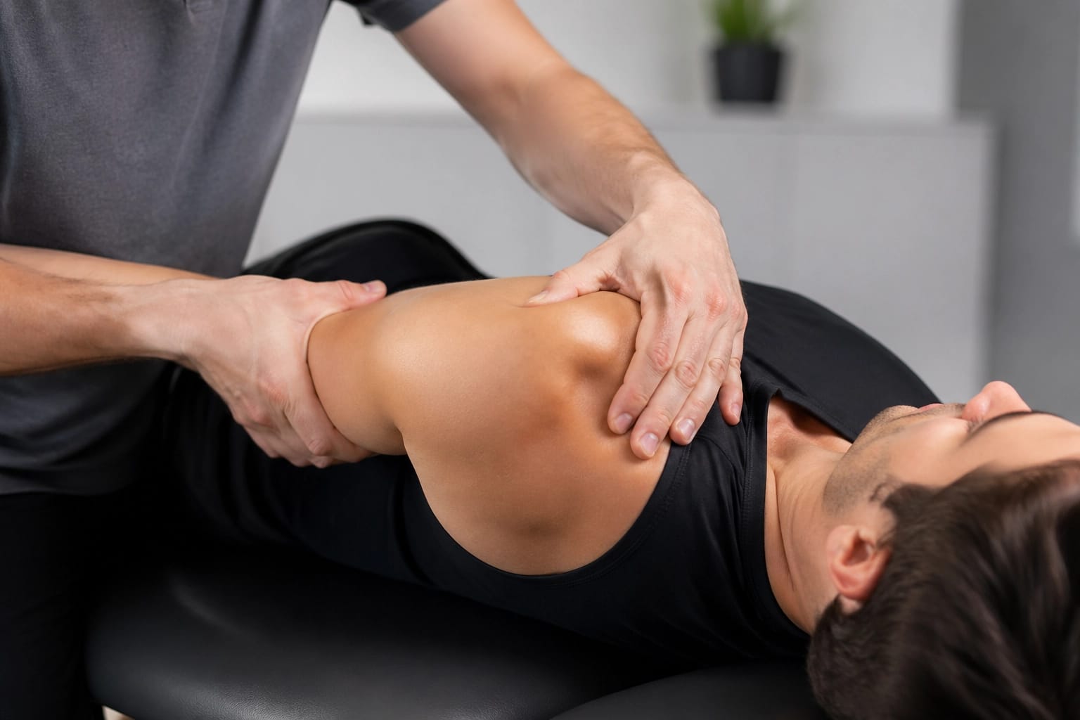 Sports chiropractor performing precise joint mobilization on an athlete's shoulder for recovery.