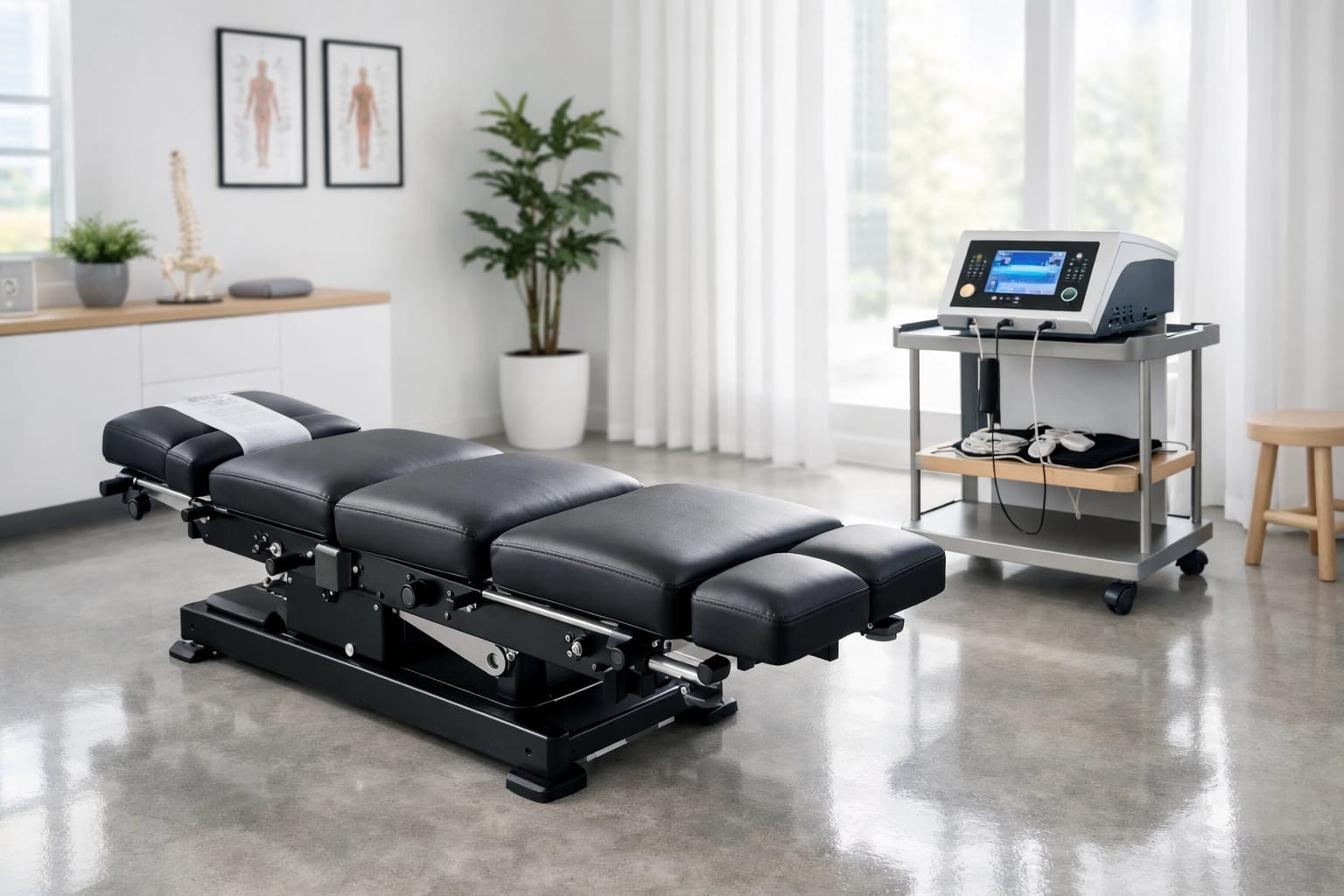 Chiropractic adjustment table and ARP Wave therapy unit in a professional sports performance center.