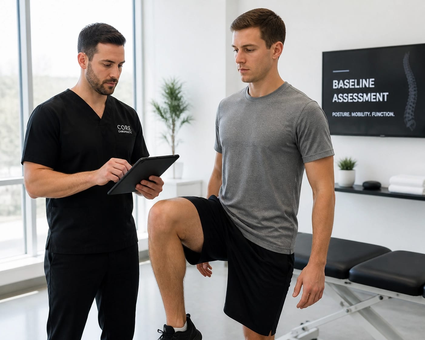 Chiropractor performing a pre-employment physical and mobility screening for workplace injury prevention.