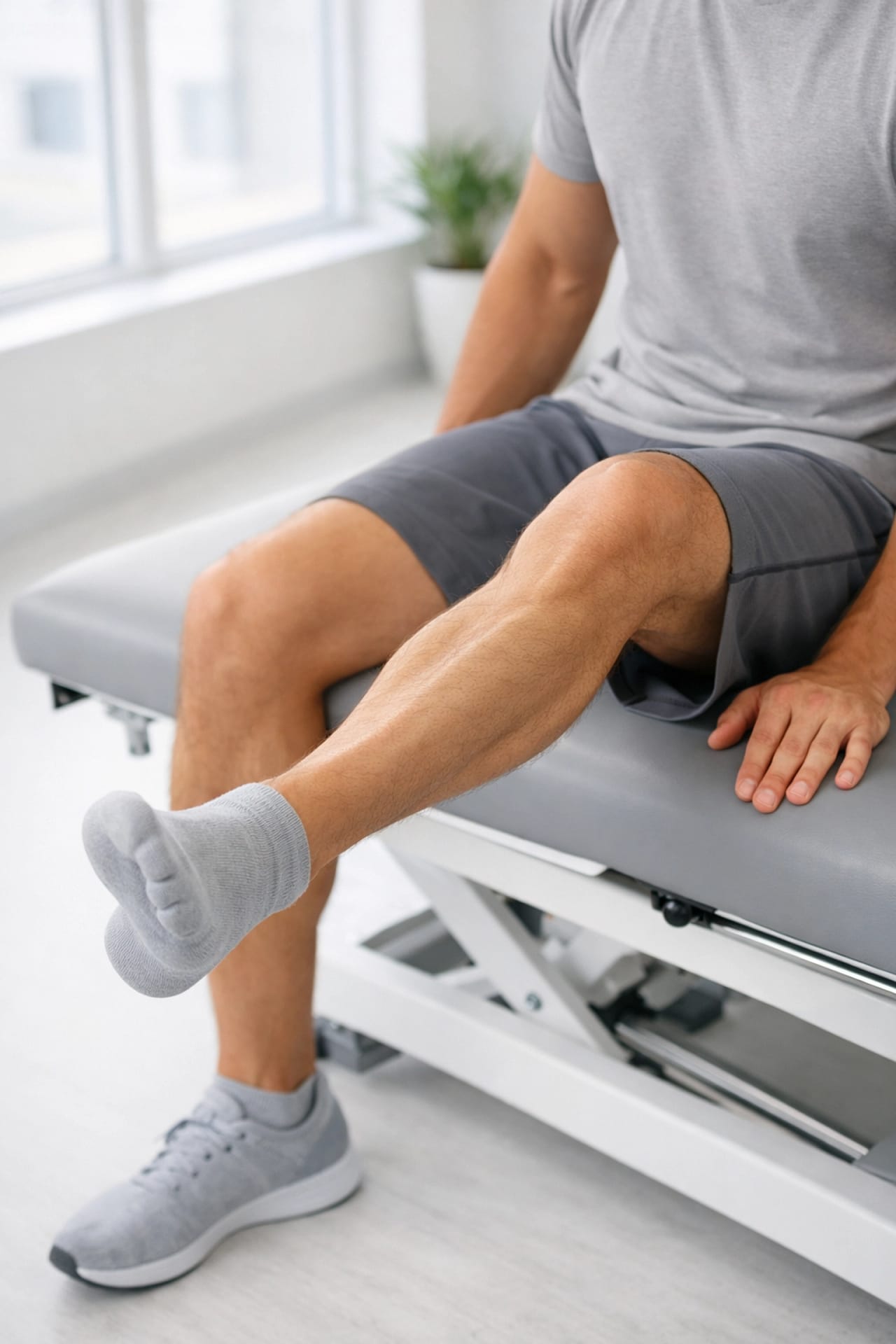 Athlete performing therapeutic exercises for sports injury rehab and non-invasive pain management.