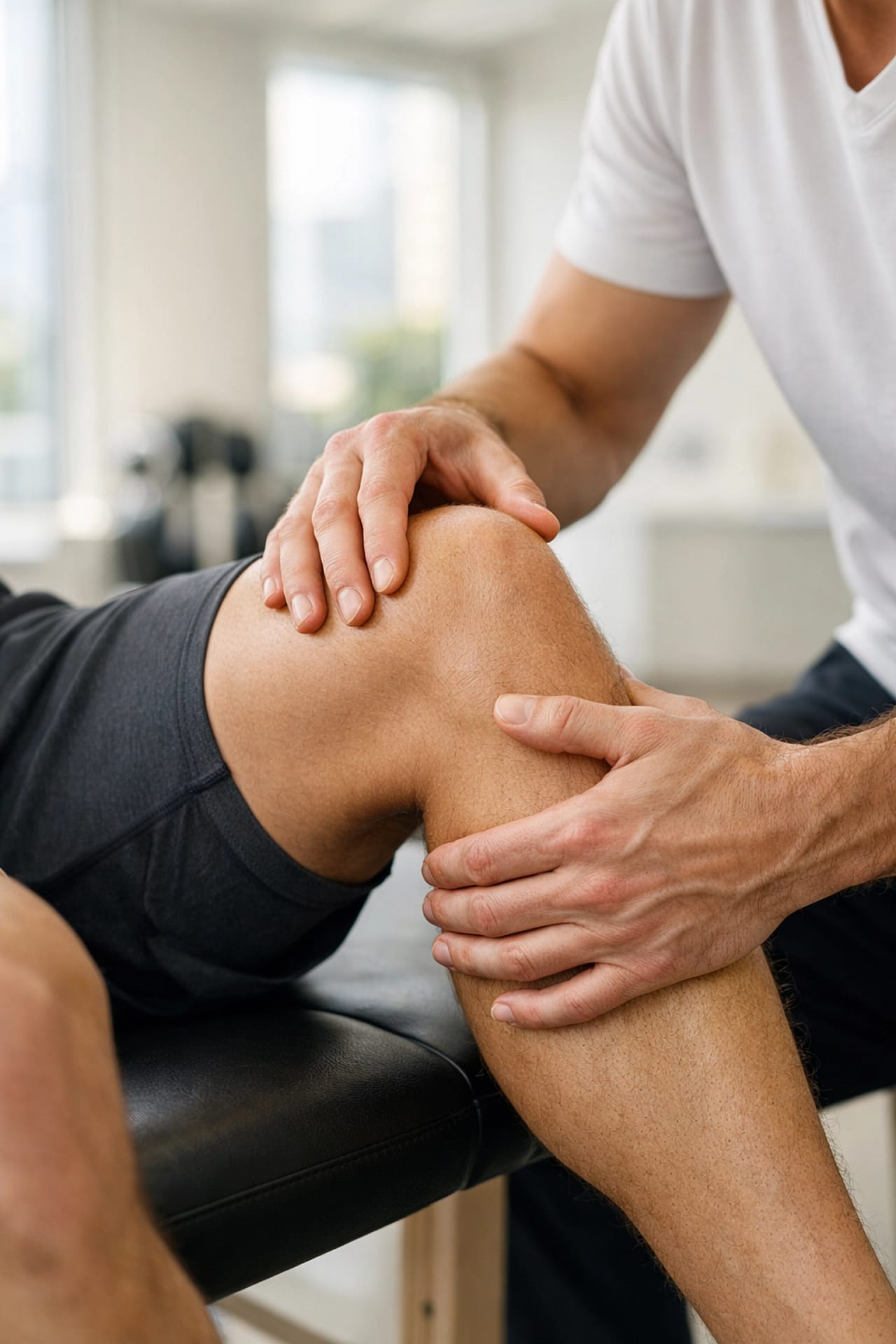 Sports therapist assessing an athlete's knee for ligament and tendon injury recovery in a clinic.