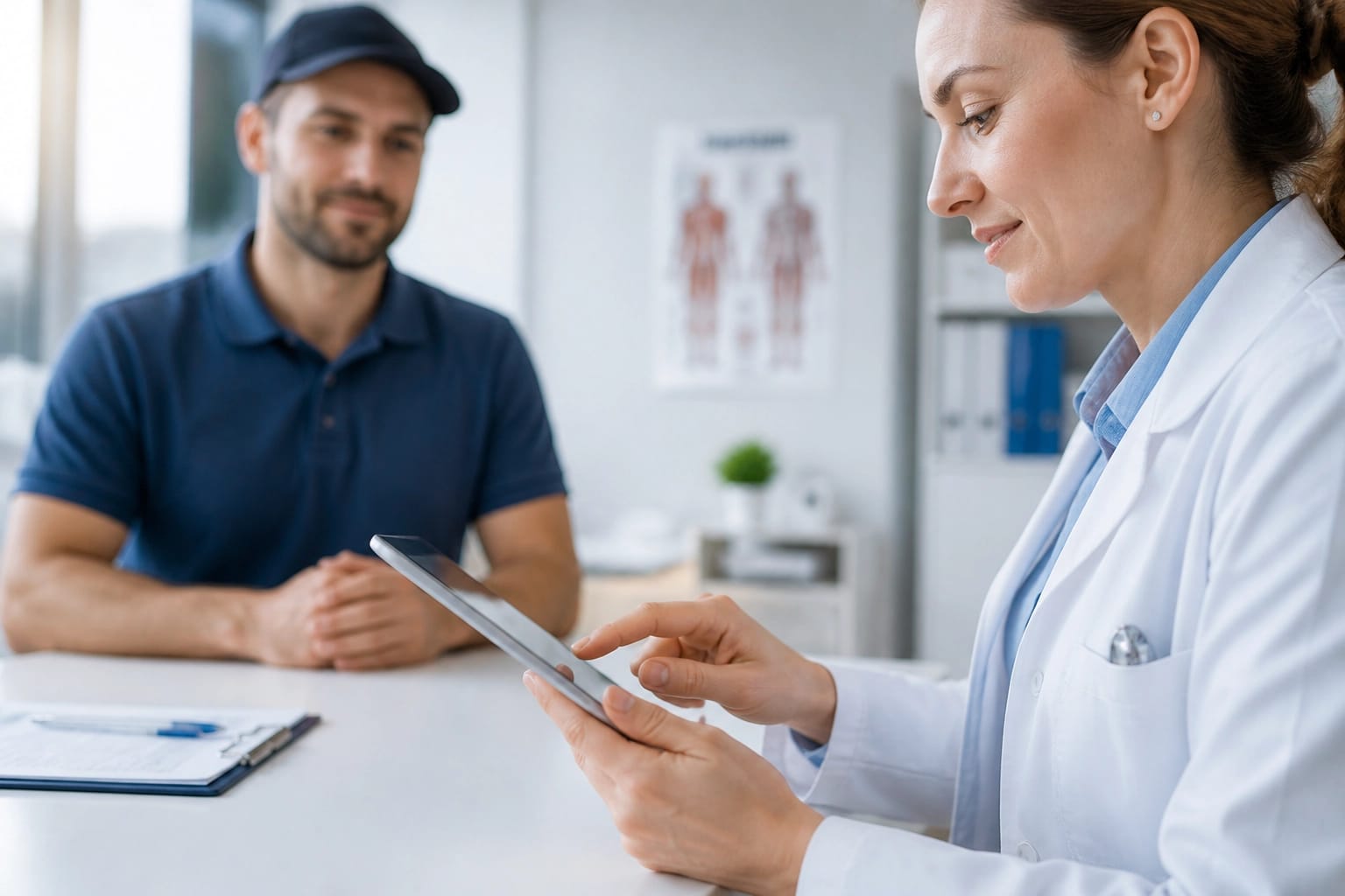 Healthcare professional entering DOT physical data on a tablet for real-time digital reporting.