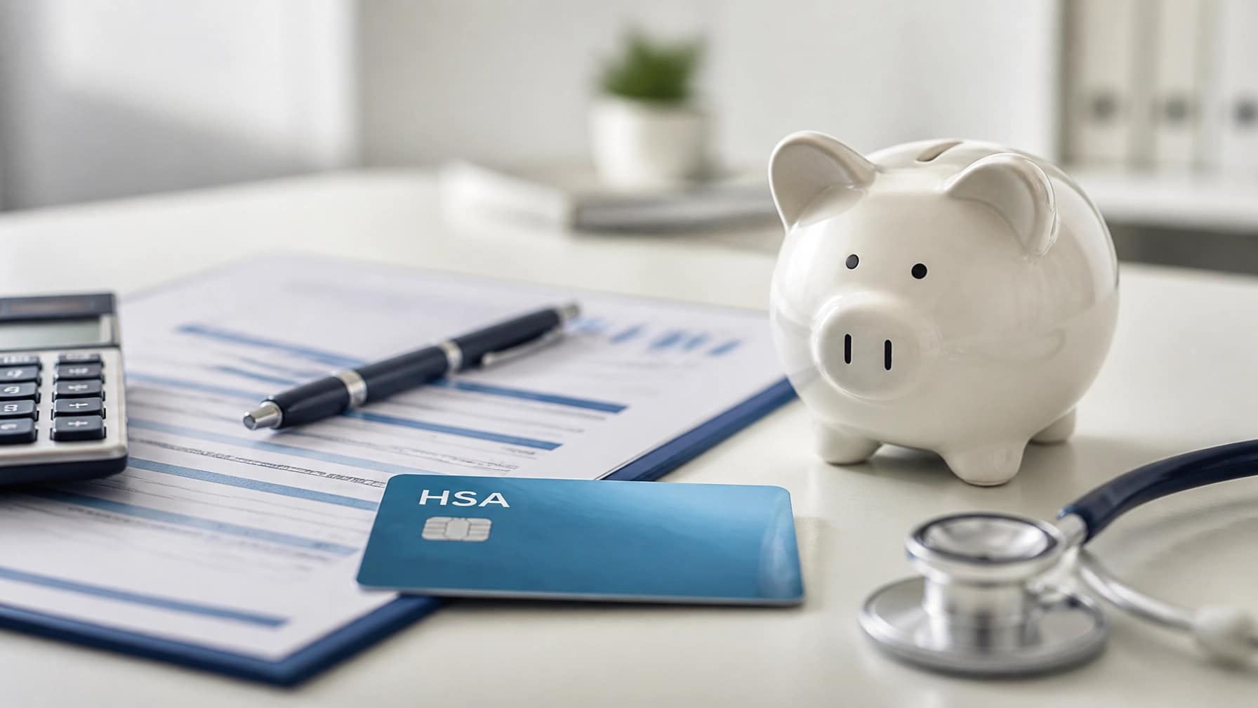 A professional healthcare finance scene featuring a health savings account card, medical paperwork, a pen, and a small piggy bank on a clean desk, representing HSA planning and affordable care.