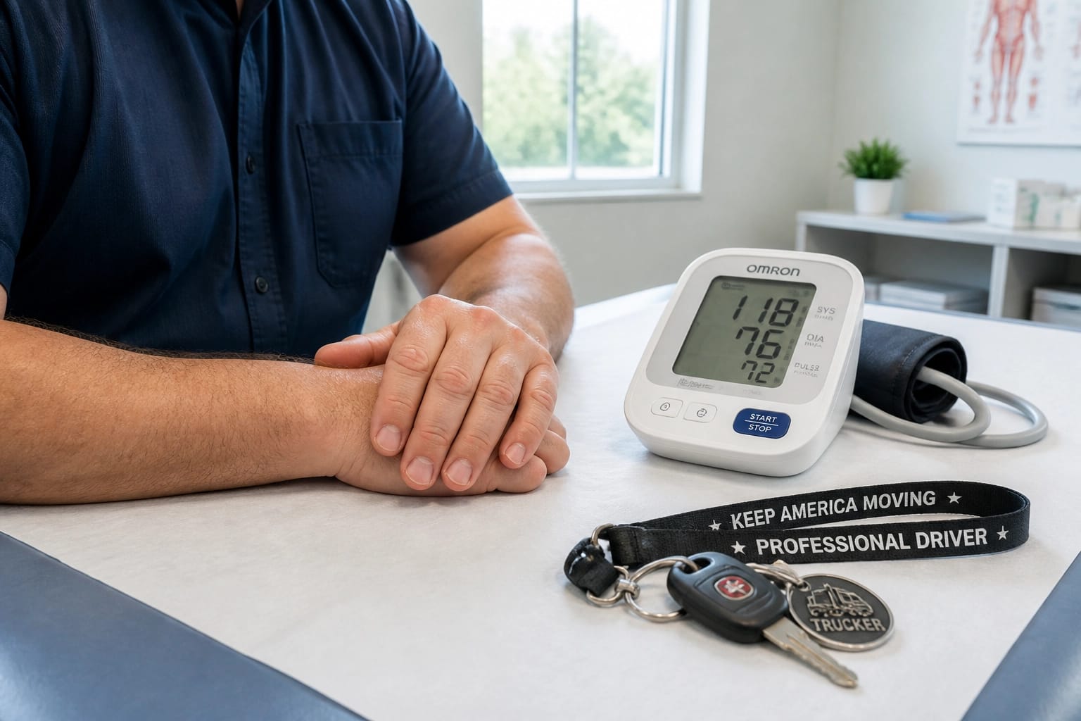 Digital blood pressure monitor and truck keys on a medical table showing healthy levels for a DOT physical.