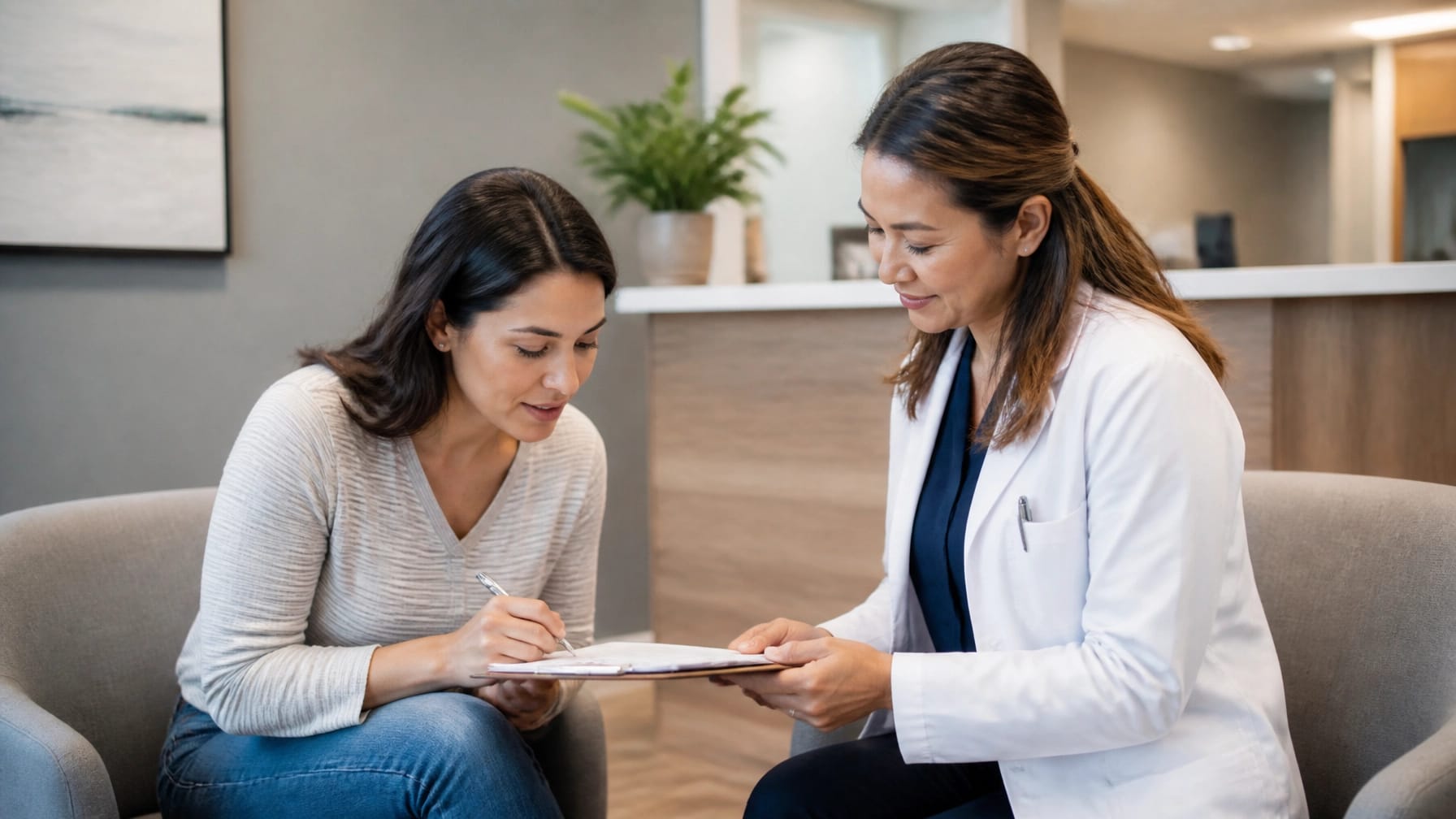 A patient consulting with a healthcare provider in a welcoming clinic setting while reviewing and signing paperwork, representing direct care access and patient-centered planning.