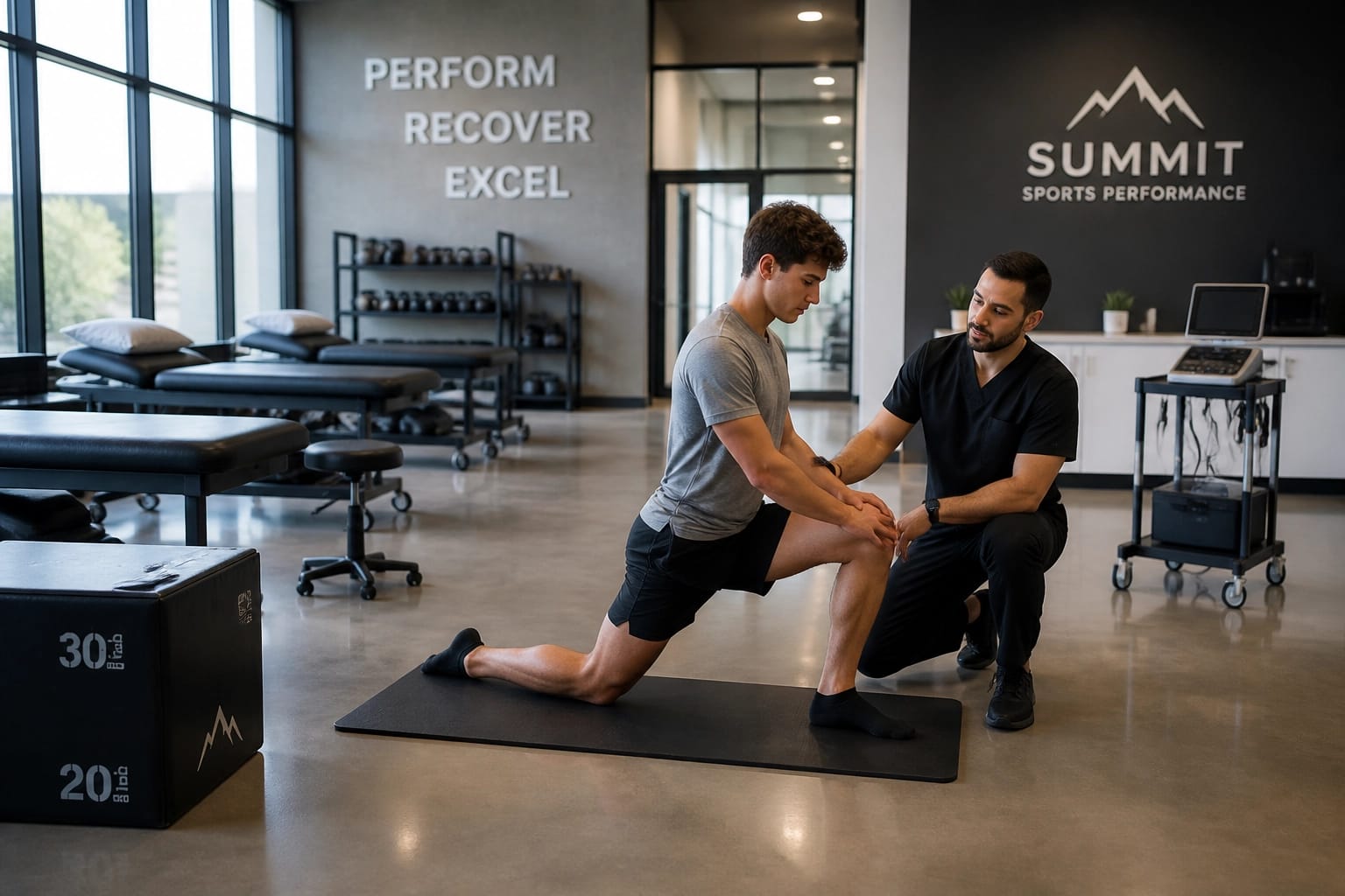 Commercial driver performing mobility stretches with a professional to reduce stress and maintain health.