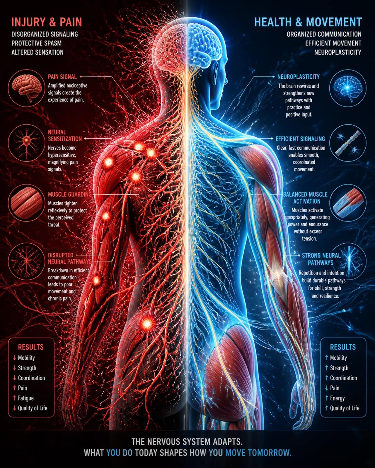 Abstract illustration of human nerve pathways and muscle fibers showing chaotic injury patterns vs organized healthy pathways.