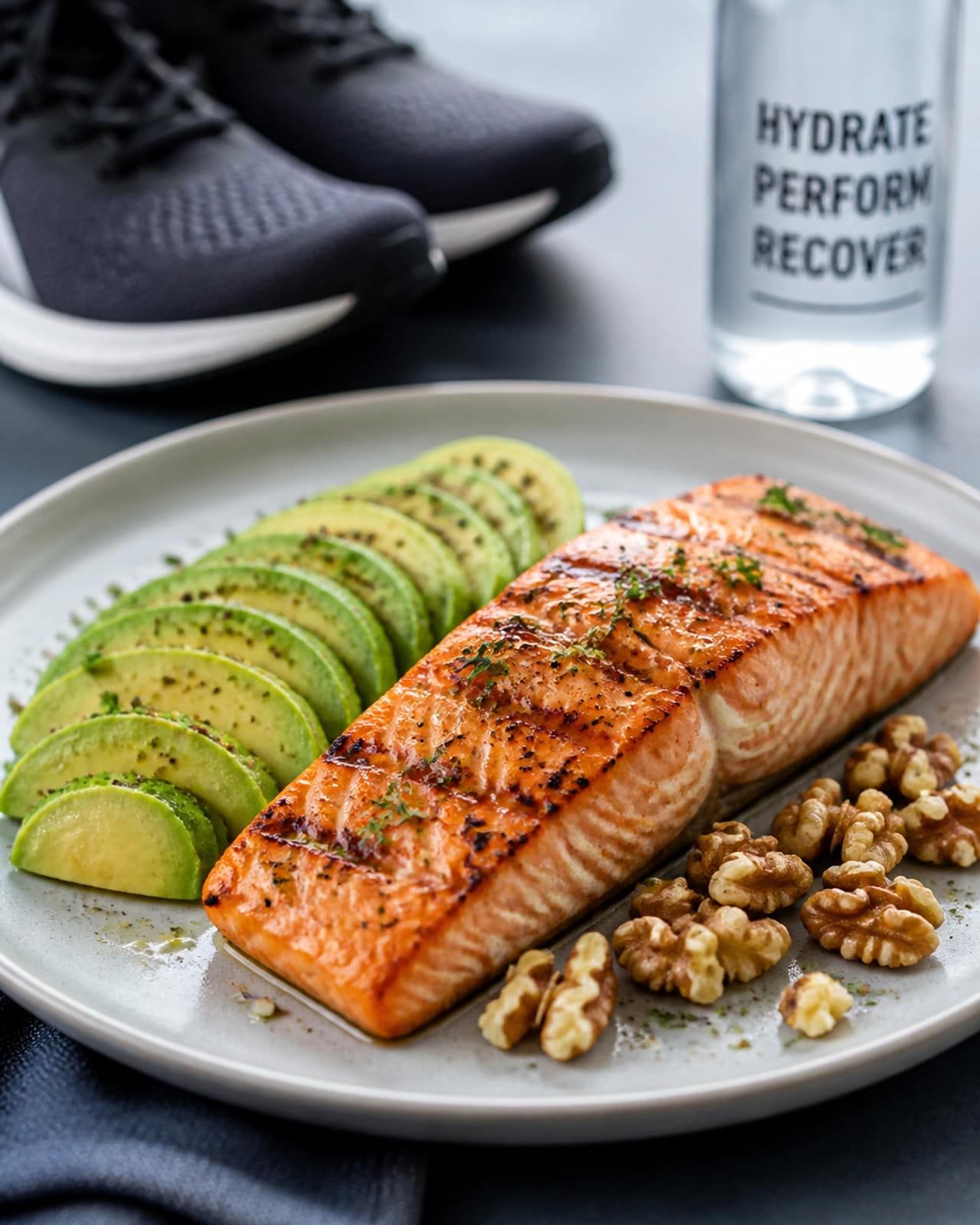 A healthy, athlete-focused meal featuring grilled salmon and walnuts.