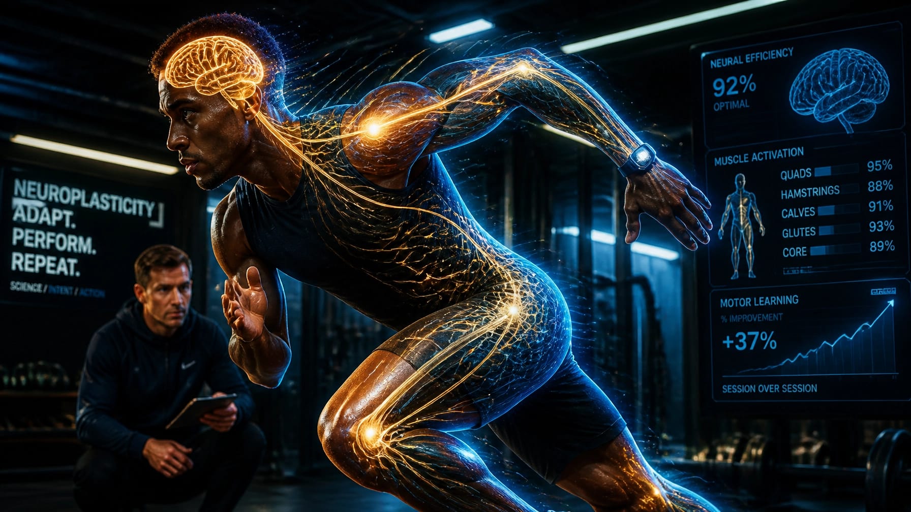 A professional athlete in motion with an overlay of neural networks connecting brain to muscles.