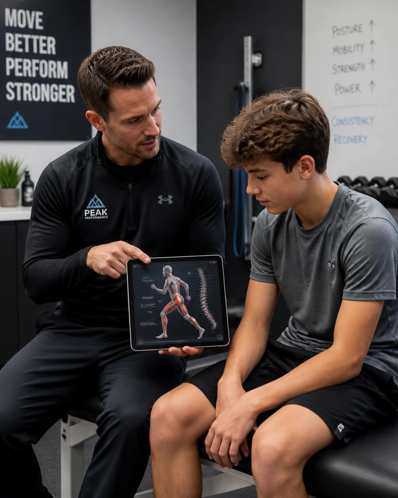 A coach explaining health and performance concepts to a young athlete using a tablet.