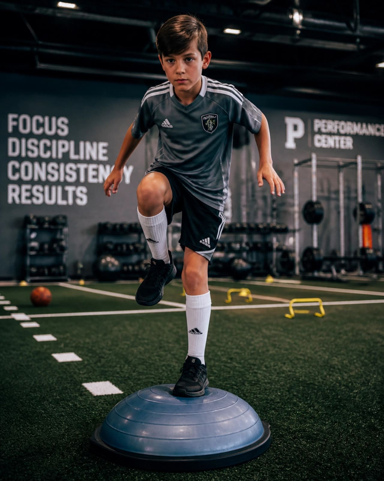 A young athlete intensely focused during a training drill, highlighting the brain-body connection.