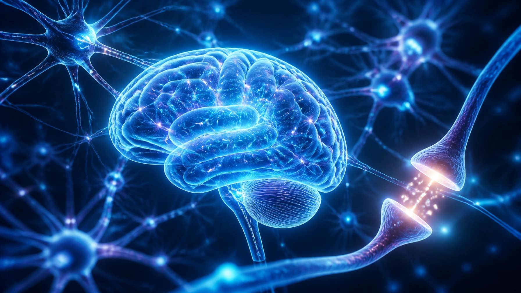 A scientific visualization of neurons and brain circuits with glowing connections, representing brain plasticity and neural re-education.